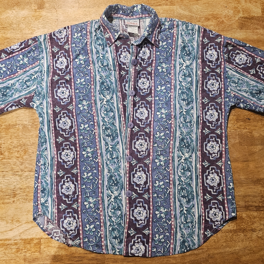 Denim Republic Mens Vintage 90s Button Up Boho Floral Stripe Shirt LARGE